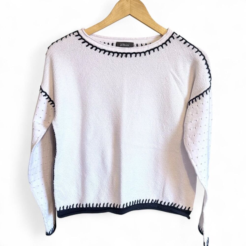 Pure Amici Sierra Sweater White Knit Blanket Stitch Eyelet Sleeves Size M